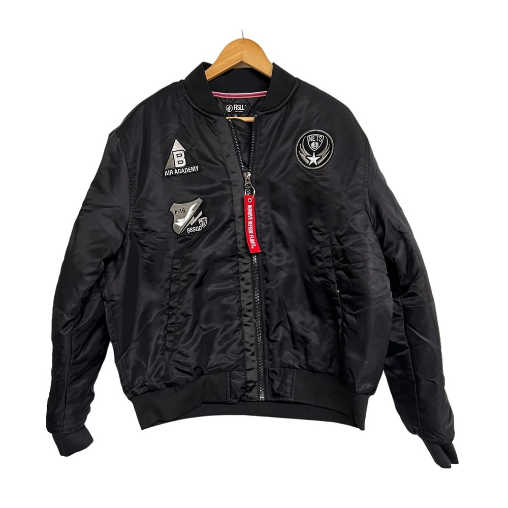 New Mens‎ Fisll Brooklyn Nets Team Flight Bomber Jacket Black